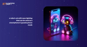 AI image generation - a robot-cat with neon lighting that can be used as a smartphone in speakerphone mode