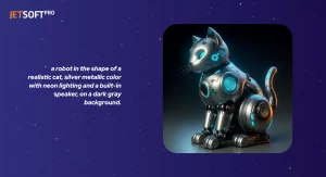 AI image generation - A robot in the shape of a realistic cat, silver metallic color with neon lighting and a built-in speaker, on a dark gray background.